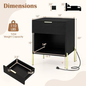 Modern Nightstand with Charging Station-Black
