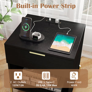 Modern Nightstand with Charging Station-Black
