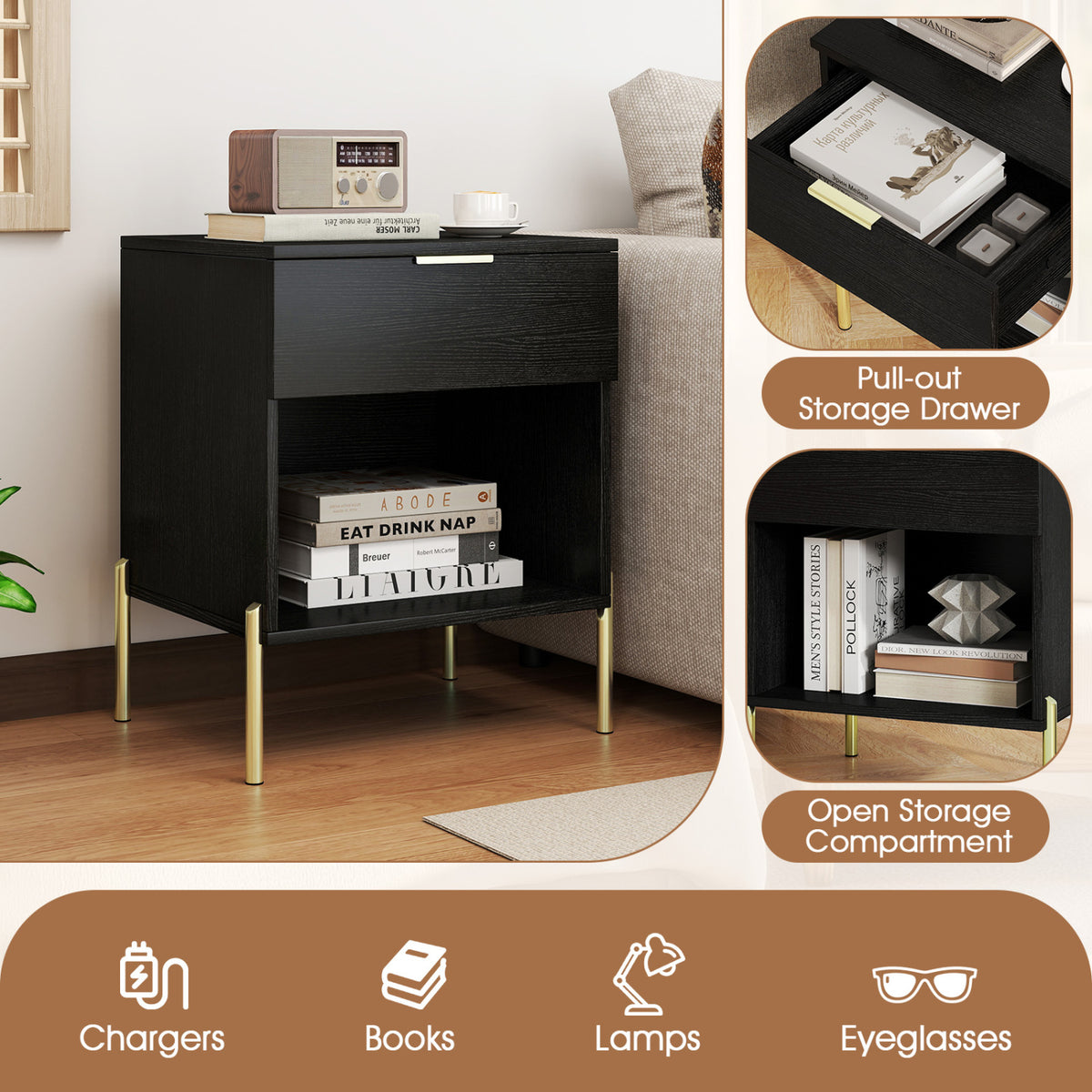 Modern Nightstand with Charging Station-Black