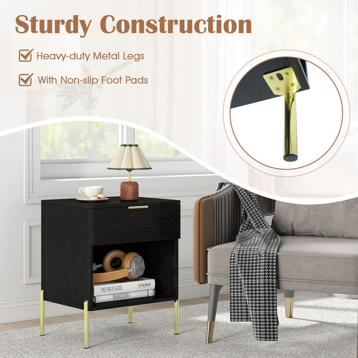 Modern Nightstand with Charging Station-Black