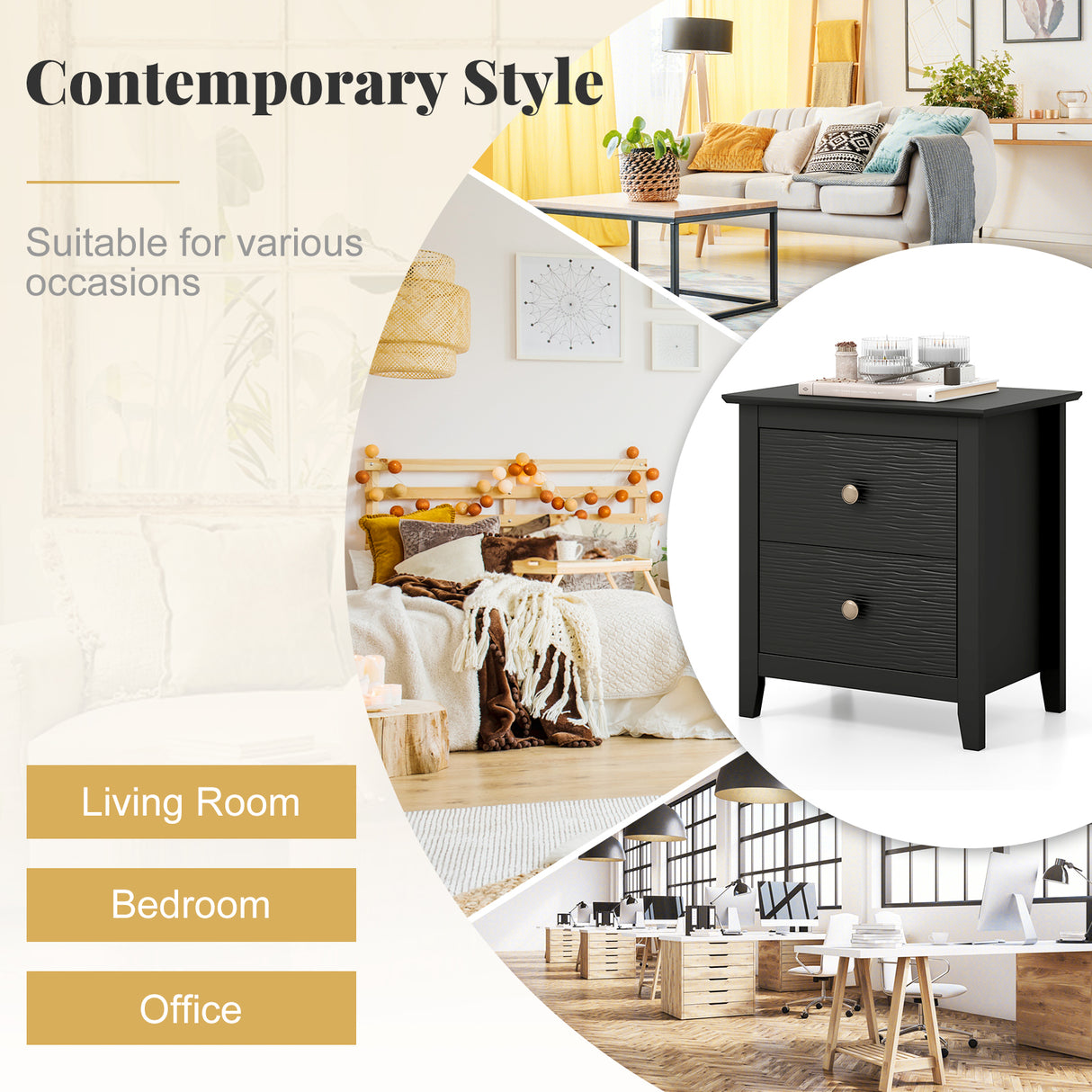 Modern Nightstand with 2 Drawers for Small Spaces-Black