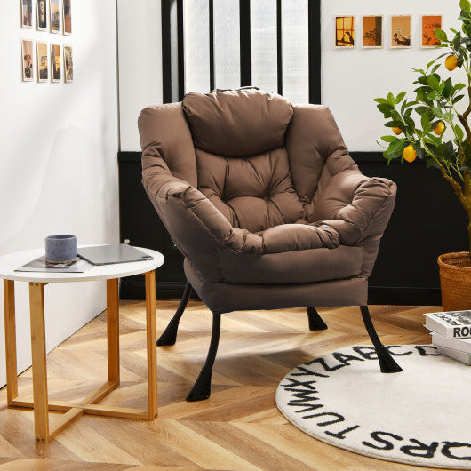 Modern Polyester Fabric Lazy Chair with Steel Frame and Side Pocket-Brown