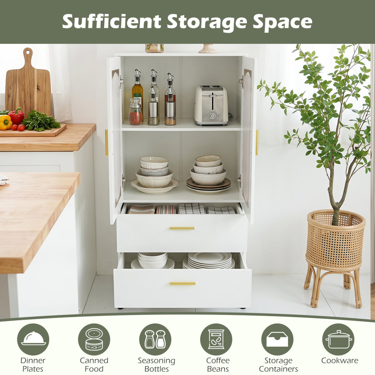 Modern Sideboard Buffet Cabinet with Fluted Doors-White