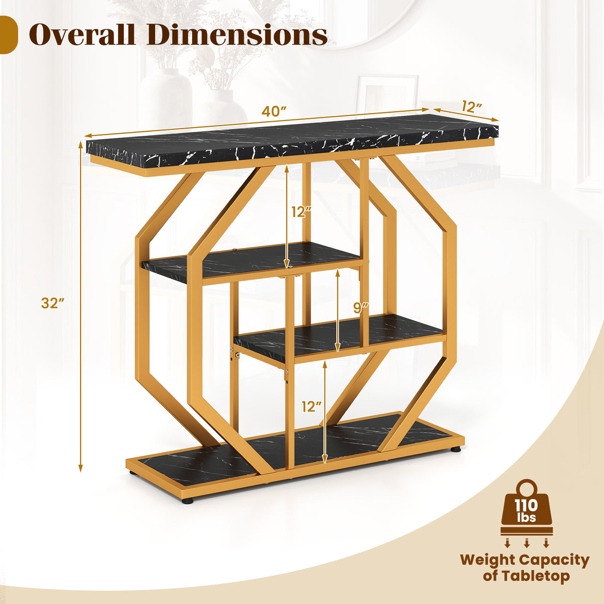 Modern Sofa Table Behind Couch 4-Tier Console Table with Faux Marble Tabletop-Black
