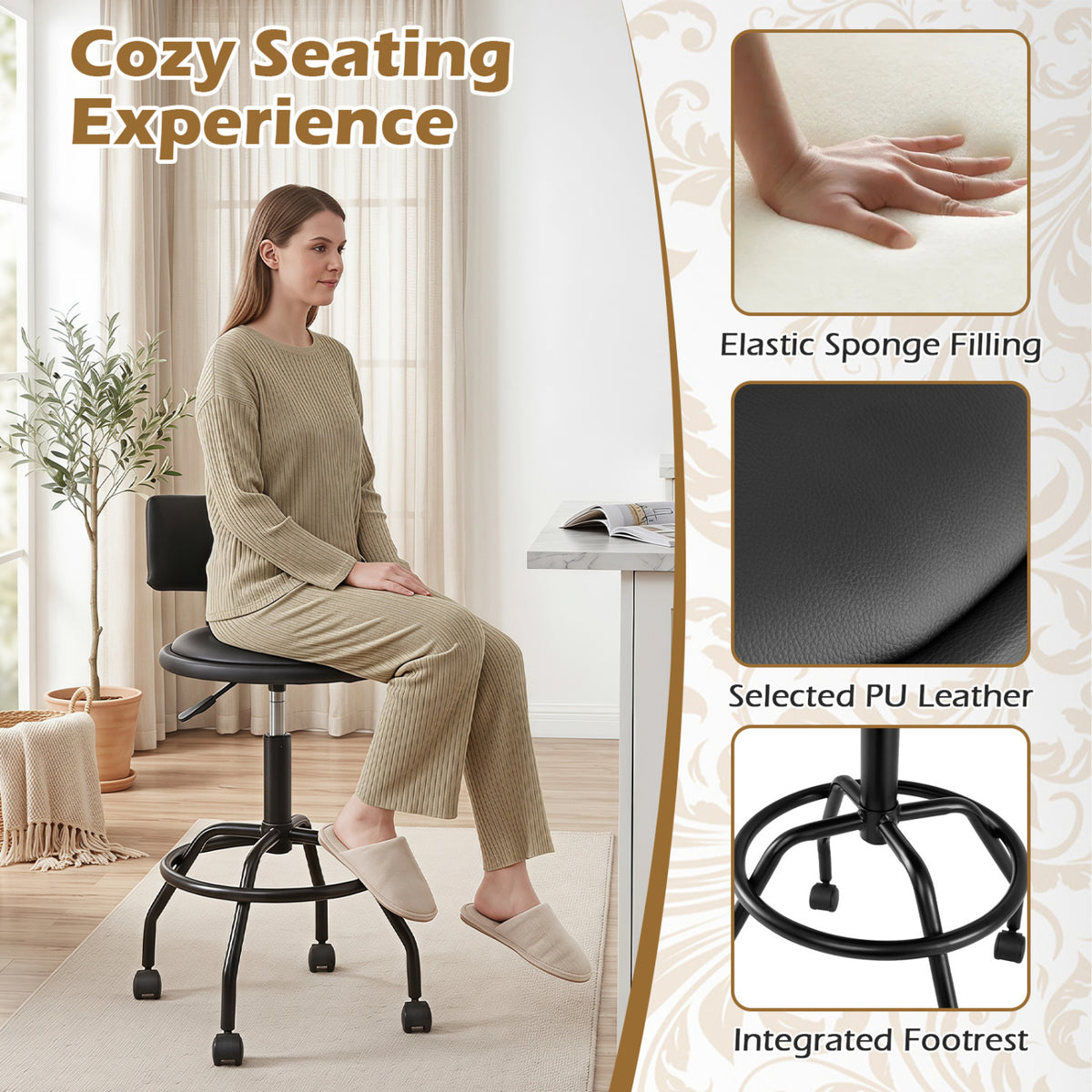Modern Swivel Height Adjustable Bar Stool with Backrest-Black
