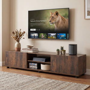 Modern TV Stand for up to 70" TVs Minimalist Entertainment Center with 2 Doors and Open Shelves-Rustic Brown