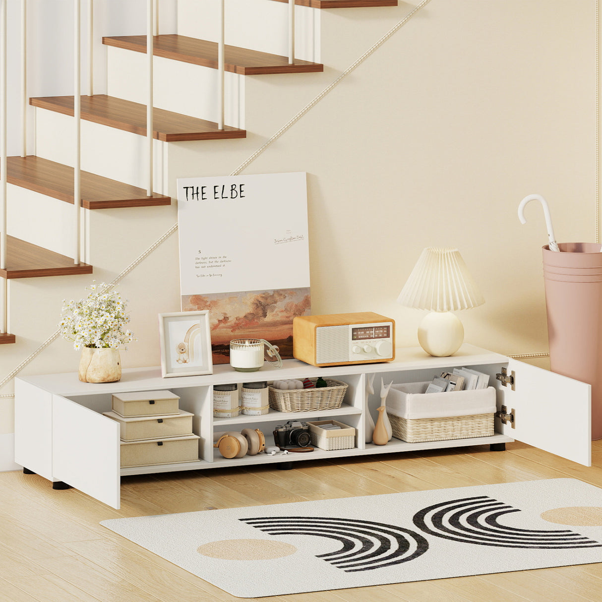 Modern TV Stand for up to 70" TVs Minimalist Entertainment Center with 2 Doors and Open Shelves-White