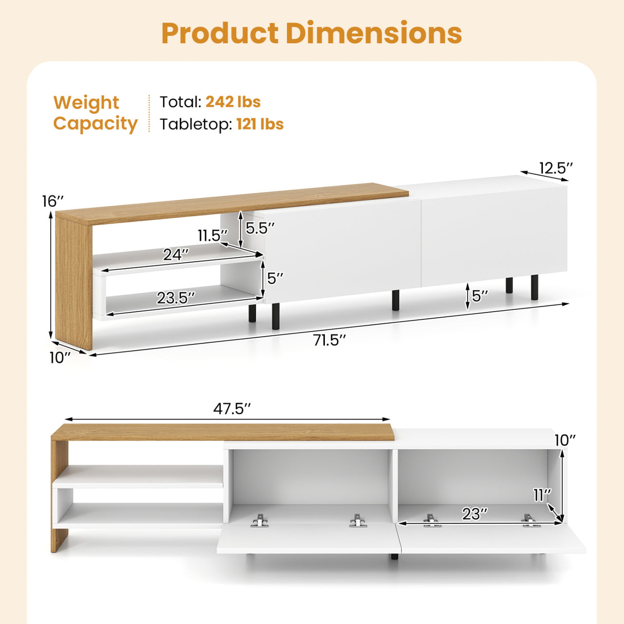 Modern TV Stand for 80 Inches TVs with Storage Shelves and Cabinets-White