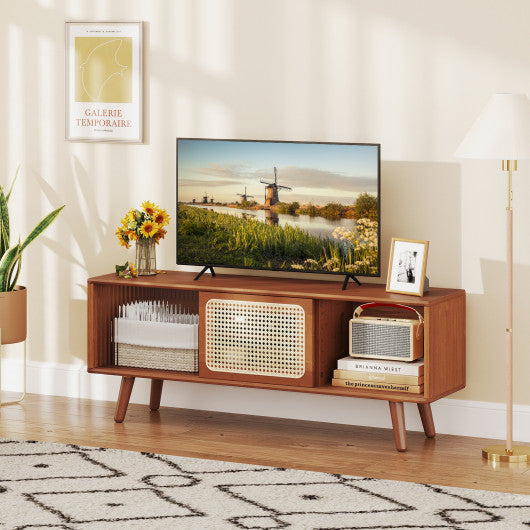 Modern TV Stand with Rattan Glass Sliding Doors-Brown