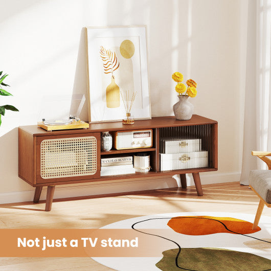 Modern TV Stand with Rattan Glass Sliding Doors-Brown
