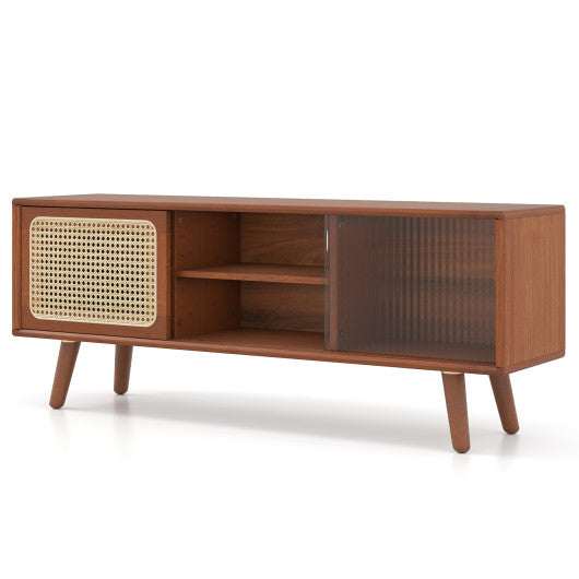 Modern TV Stand with Rattan Glass Sliding Doors-Brown