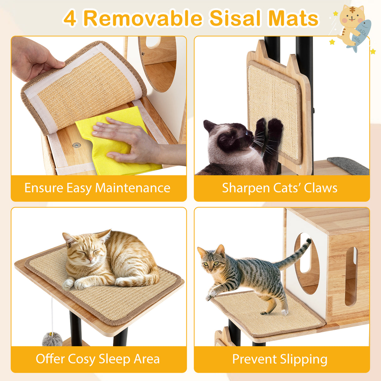Modern Tall Cat Tower with Double Condos with Dangling Balls and Sisal Carpets-Natural