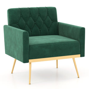 Modern Velvet Accent Chair with Button Tufted Back Golden Metal Legs and Adjustable Foot Pads-Turquoise