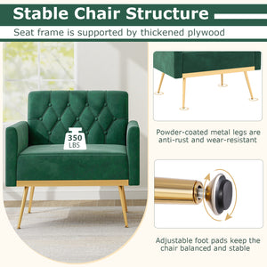 Modern Velvet Accent Chair with Button Tufted Back Golden Metal Legs and Adjustable Foot Pads-Turquoise