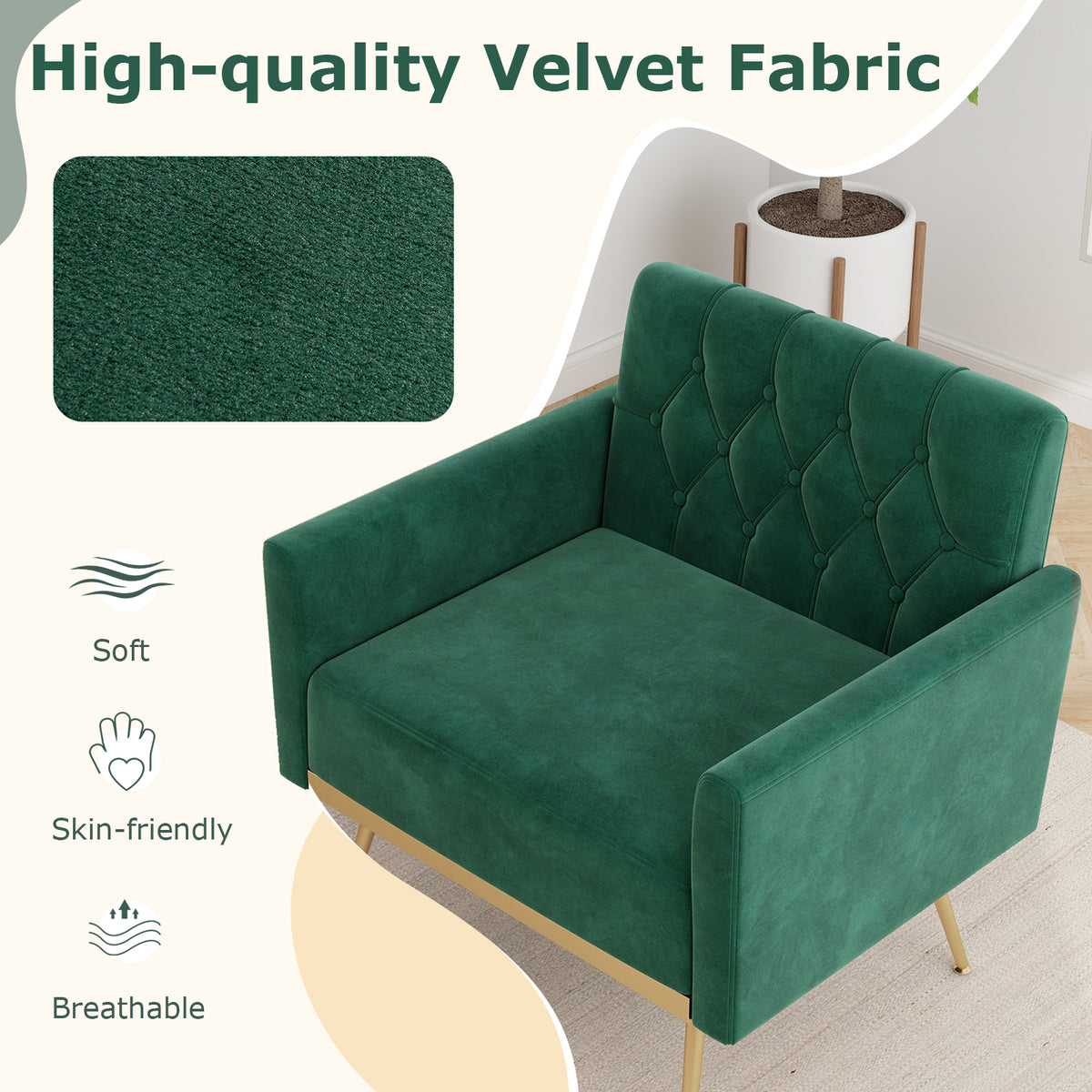 Modern Velvet Accent Chair with Button Tufted Back Golden Metal Legs and Adjustable Foot Pads-Turquoise