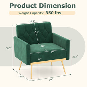 Modern Velvet Accent Chair with Button Tufted Back Golden Metal Legs and Adjustable Foot Pads-Turquoise