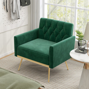 Modern Velvet Accent Chair with Button Tufted Back Golden Metal Legs and Adjustable Foot Pads-Turquoise