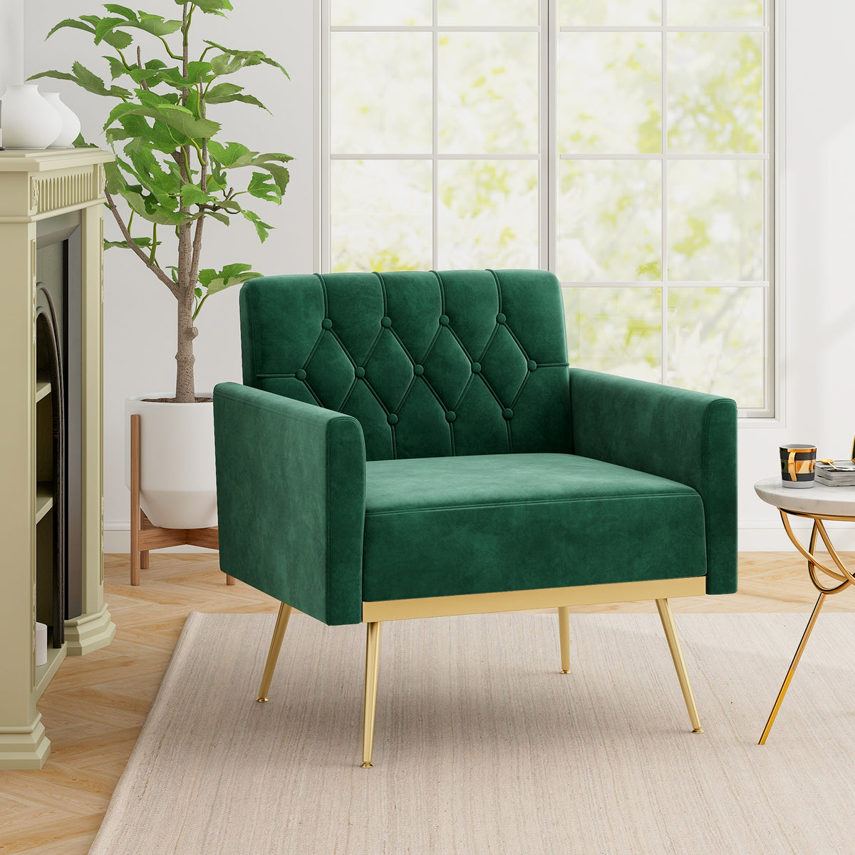 Modern Velvet Accent Chair with Button Tufted Back Golden Metal Legs and Adjustable Foot Pads-Turquoise