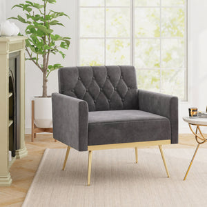 Modern Velvet Upholstered Accent Chair with Button-Tufted Back and Adjustable Feet-Gray