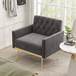Modern Velvet Upholstered Accent Chair with Button-Tufted Back and Adjustable Feet-Gray
