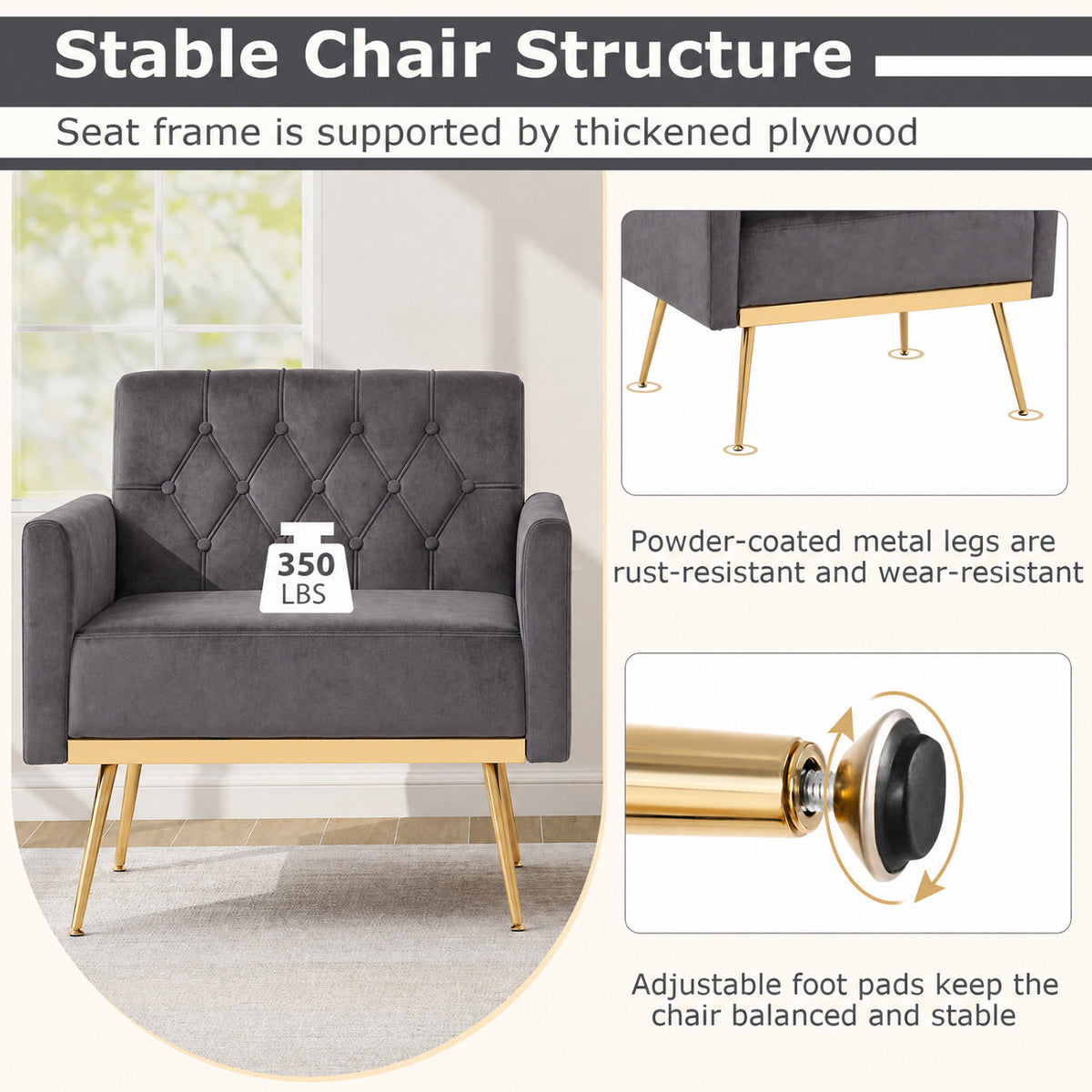 Modern Velvet Upholstered Accent Chair with Button-Tufted Back and Adjustable Feet-Gray