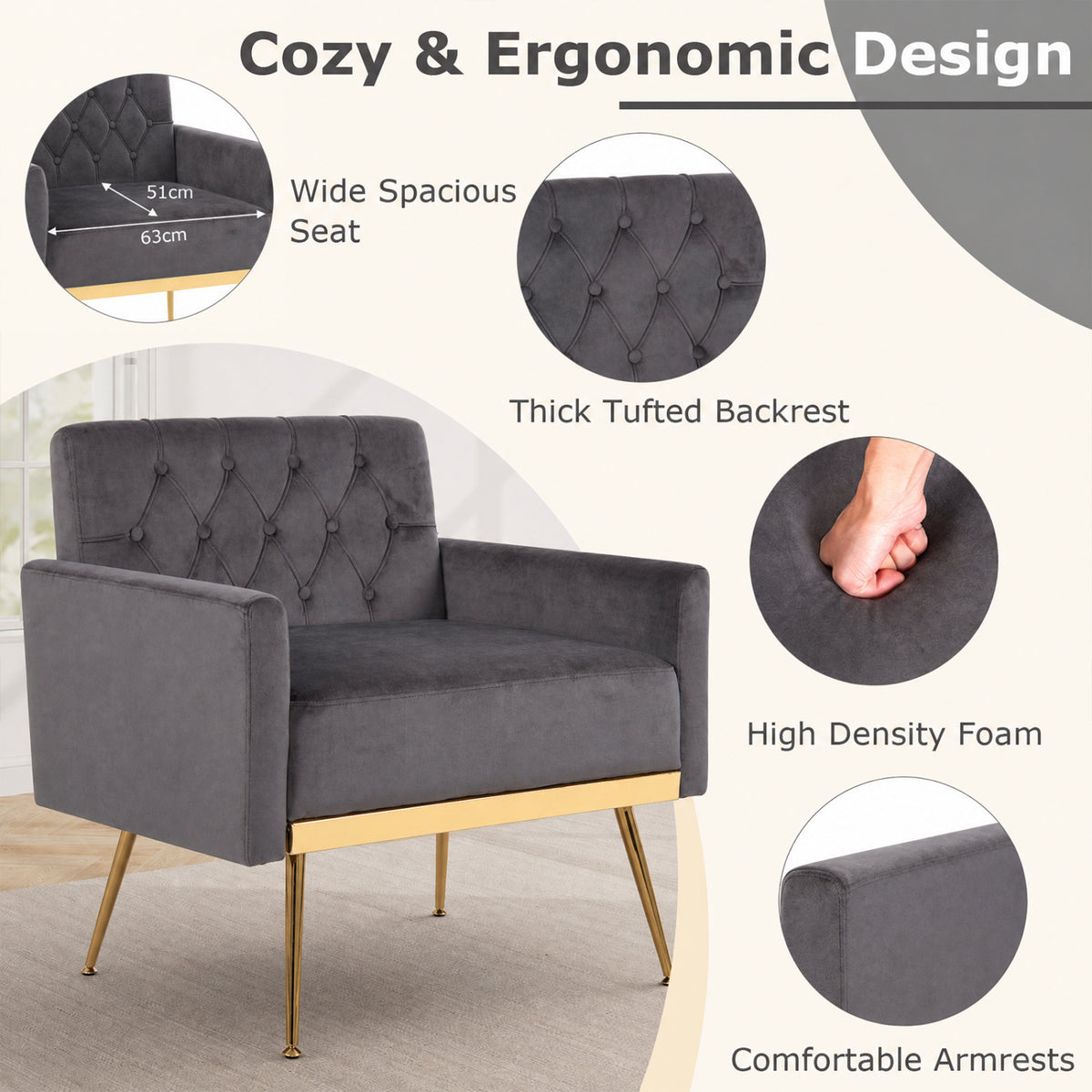 Modern Velvet Upholstered Accent Chair with Button-Tufted Back and Adjustable Feet-Gray