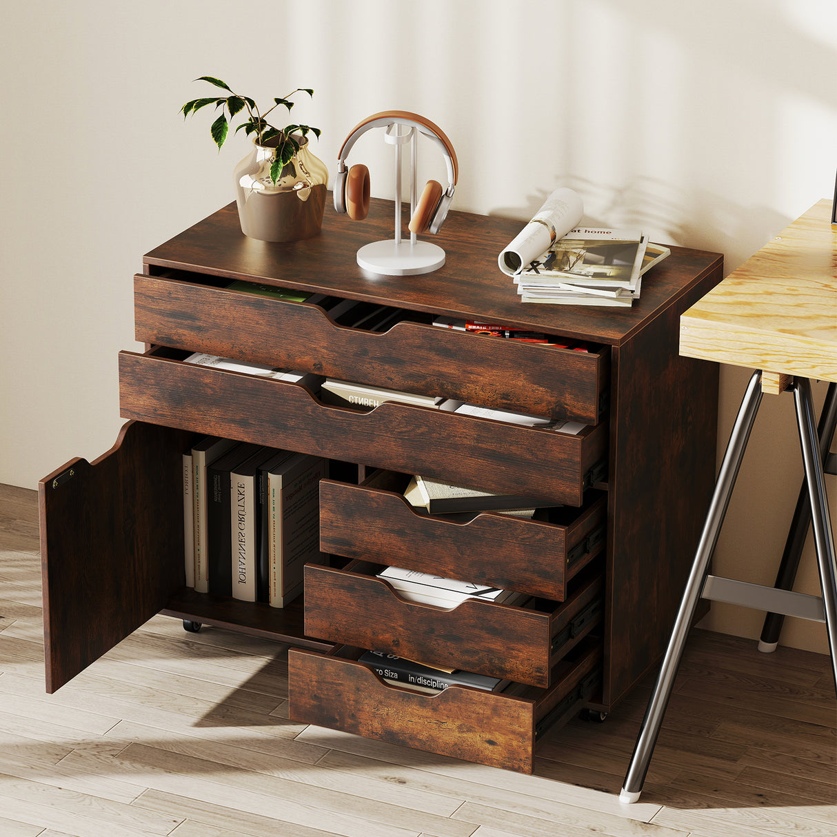 Modern Vertical 5-Drawer Mobile Chest with Door 5 Casters-Brown