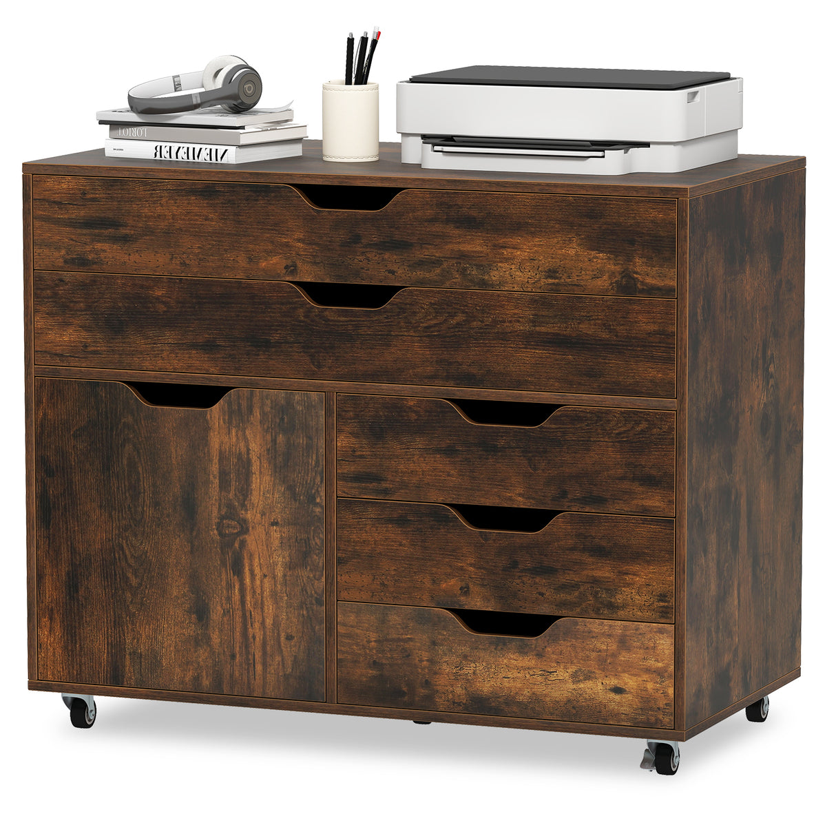 Modern Vertical 5-Drawer Mobile Chest with Door 5 Casters-Brown