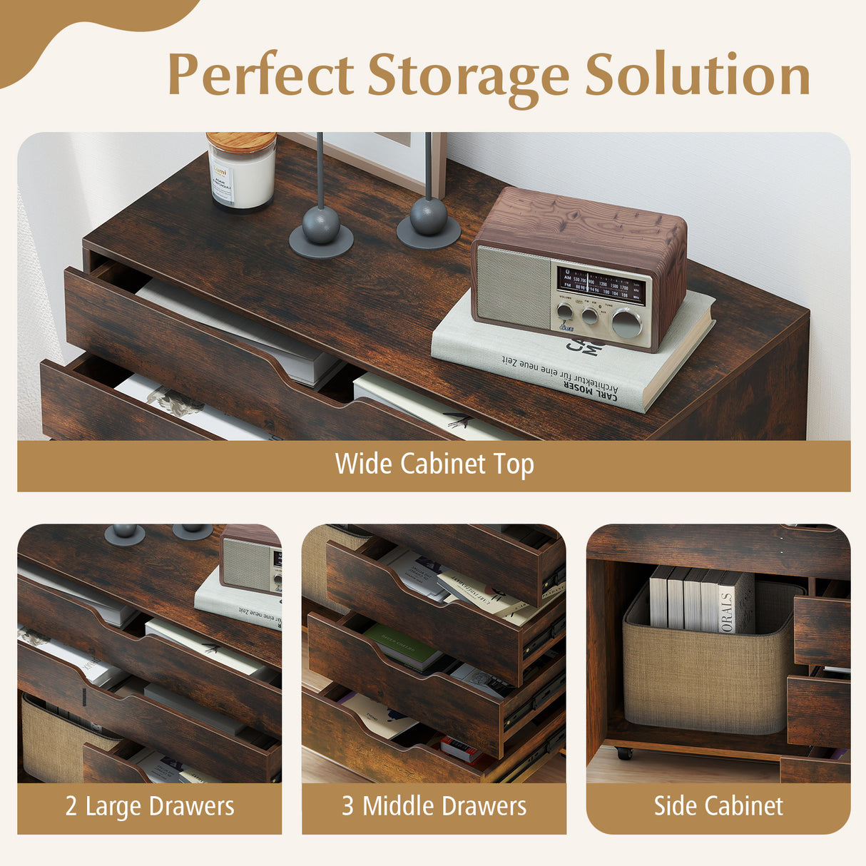 Modern Vertical 5-Drawer Mobile Chest with Door 5 Casters-Brown