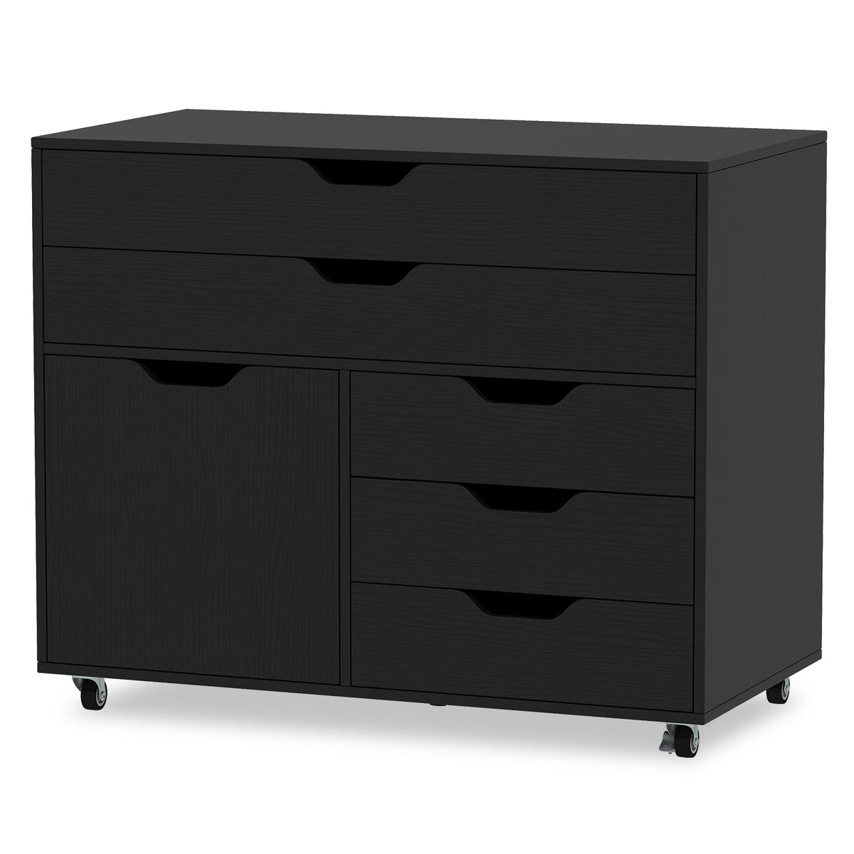 Modern Vertical 5-Drawer Mobile Chest with Door 5 Casters-Black