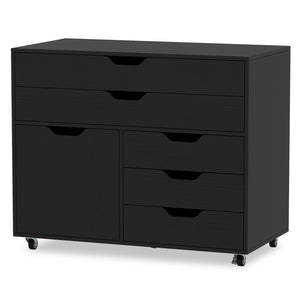 Modern Vertical 5-Drawer Mobile Chest with Door 5 Casters-Black
