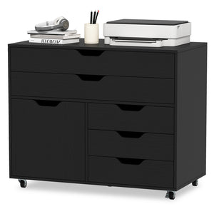 Modern Vertical 5-Drawer Mobile Chest with Door 5 Casters-Black