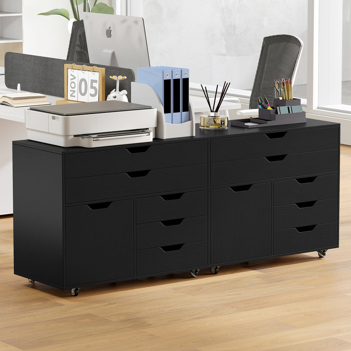 Modern Vertical 5-Drawer Mobile Chest with Door 5 Casters-Black