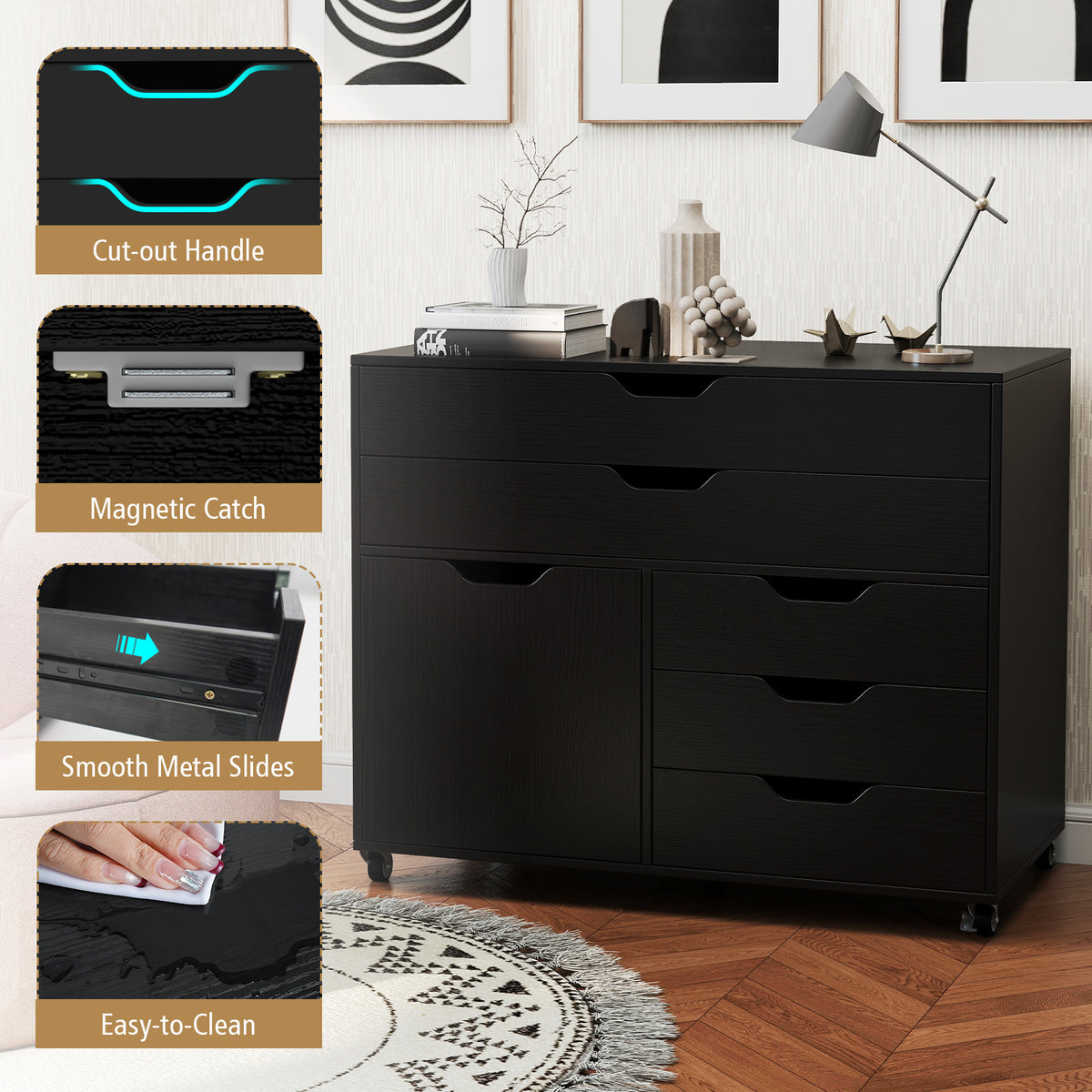 Modern Vertical 5-Drawer Mobile Chest with Door 5 Casters-Black