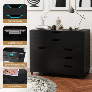 Modern Vertical 5-Drawer Mobile Chest with Door 5 Casters-Black