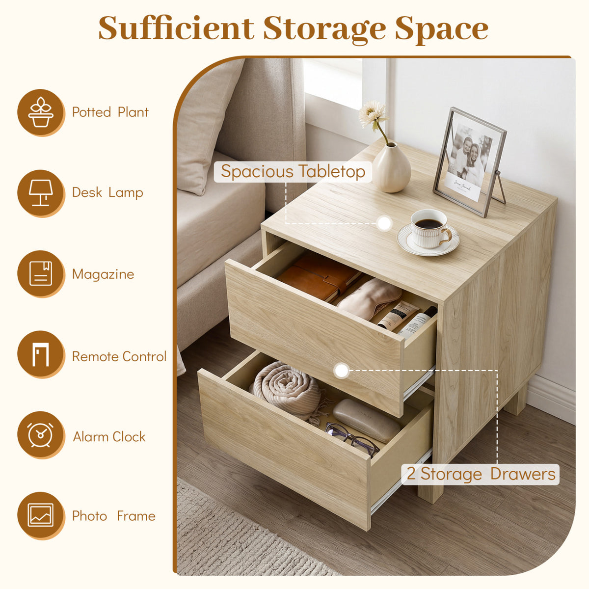 Modern WoodenEnd Table with 2 Storage Drawers-Natural