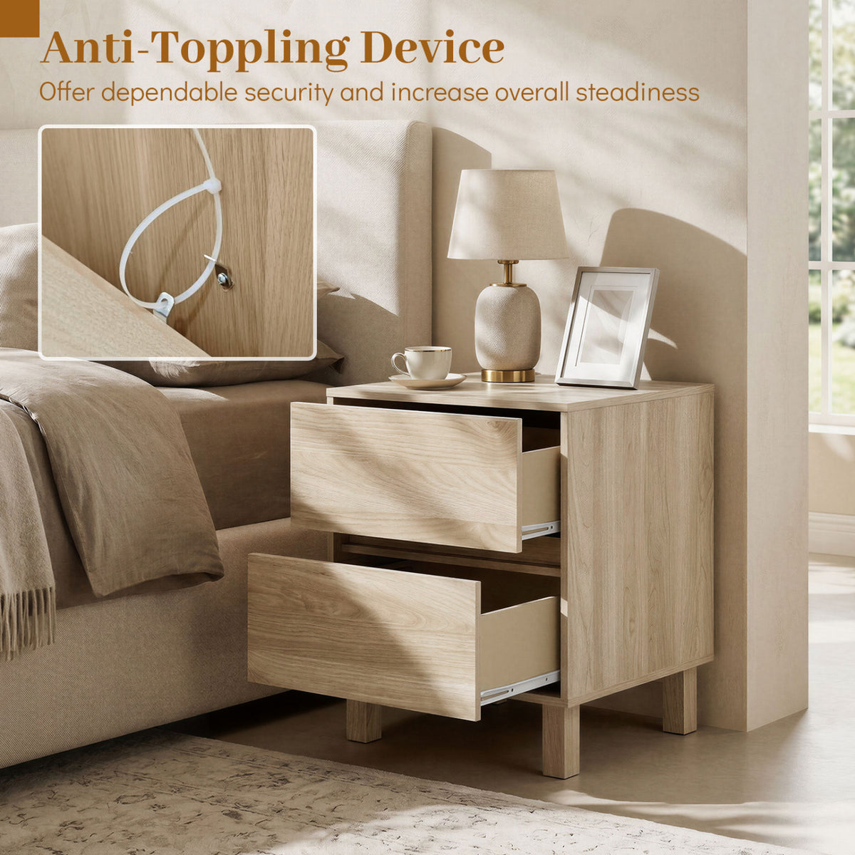 Modern WoodenEnd Table with 2 Storage Drawers-Natural