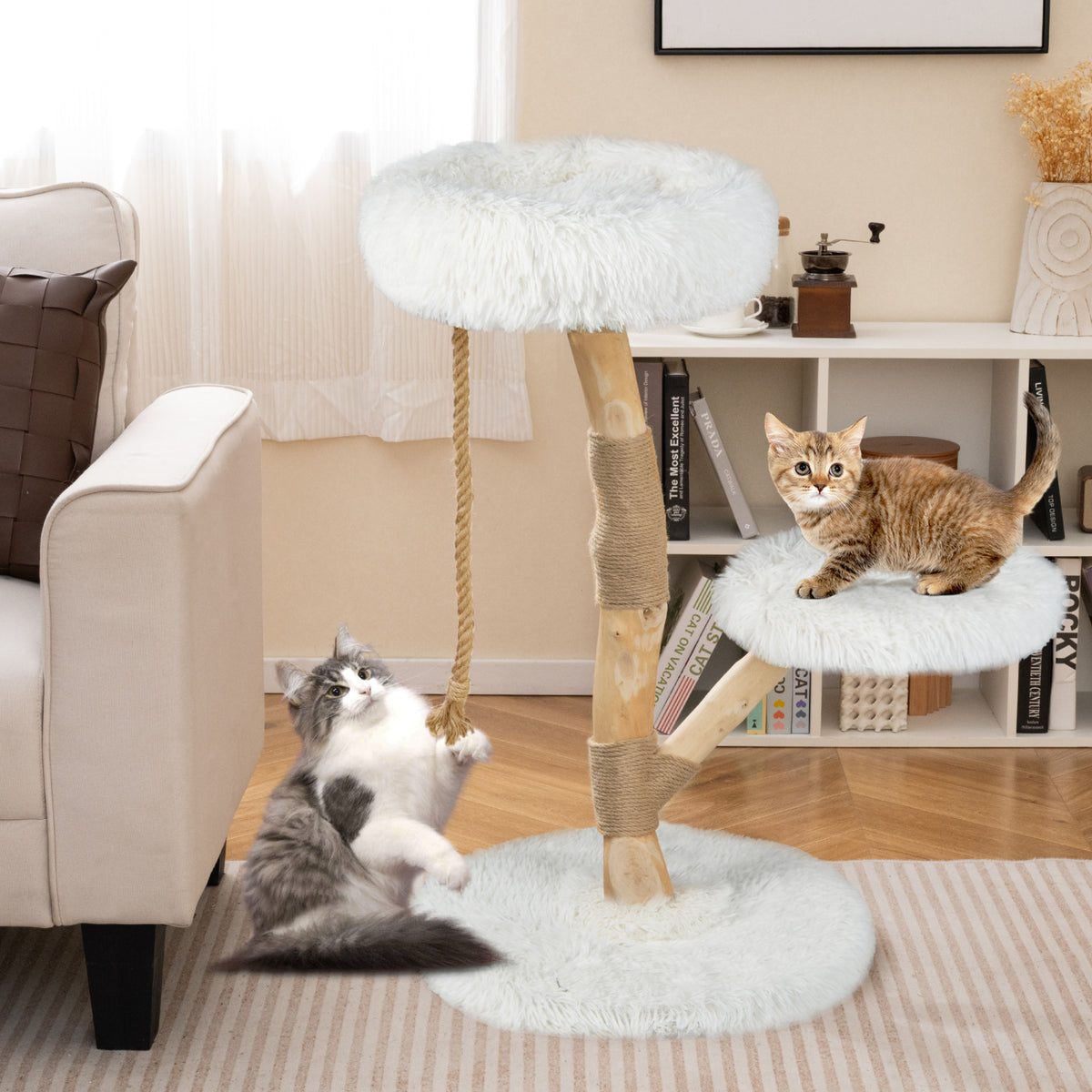 Modern Wooden Cat Tree Tower with Perch and Natural Jute Scratching Posts-White