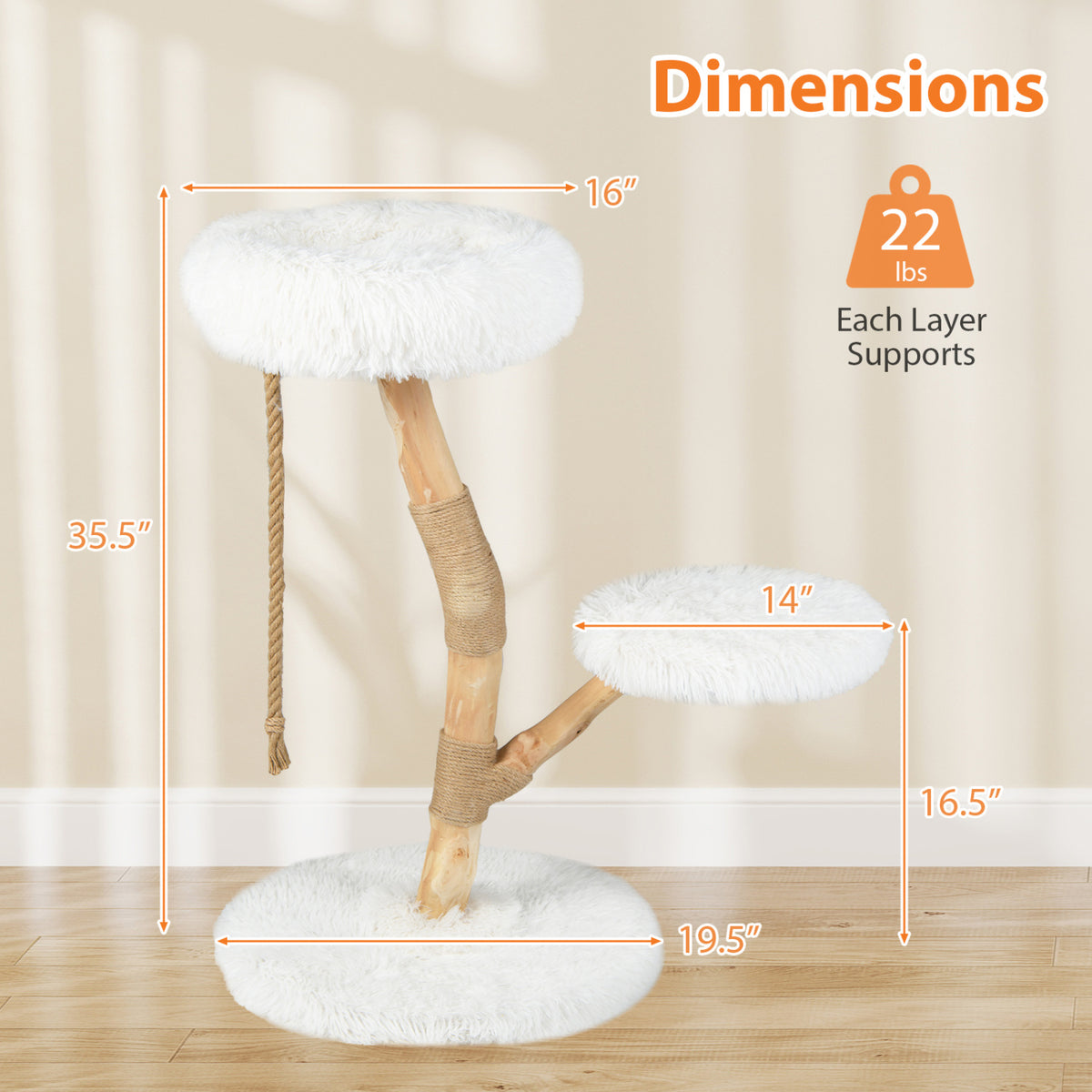Modern Wooden Cat Tree Tower with Perch and Natural Jute Scratching Posts-White