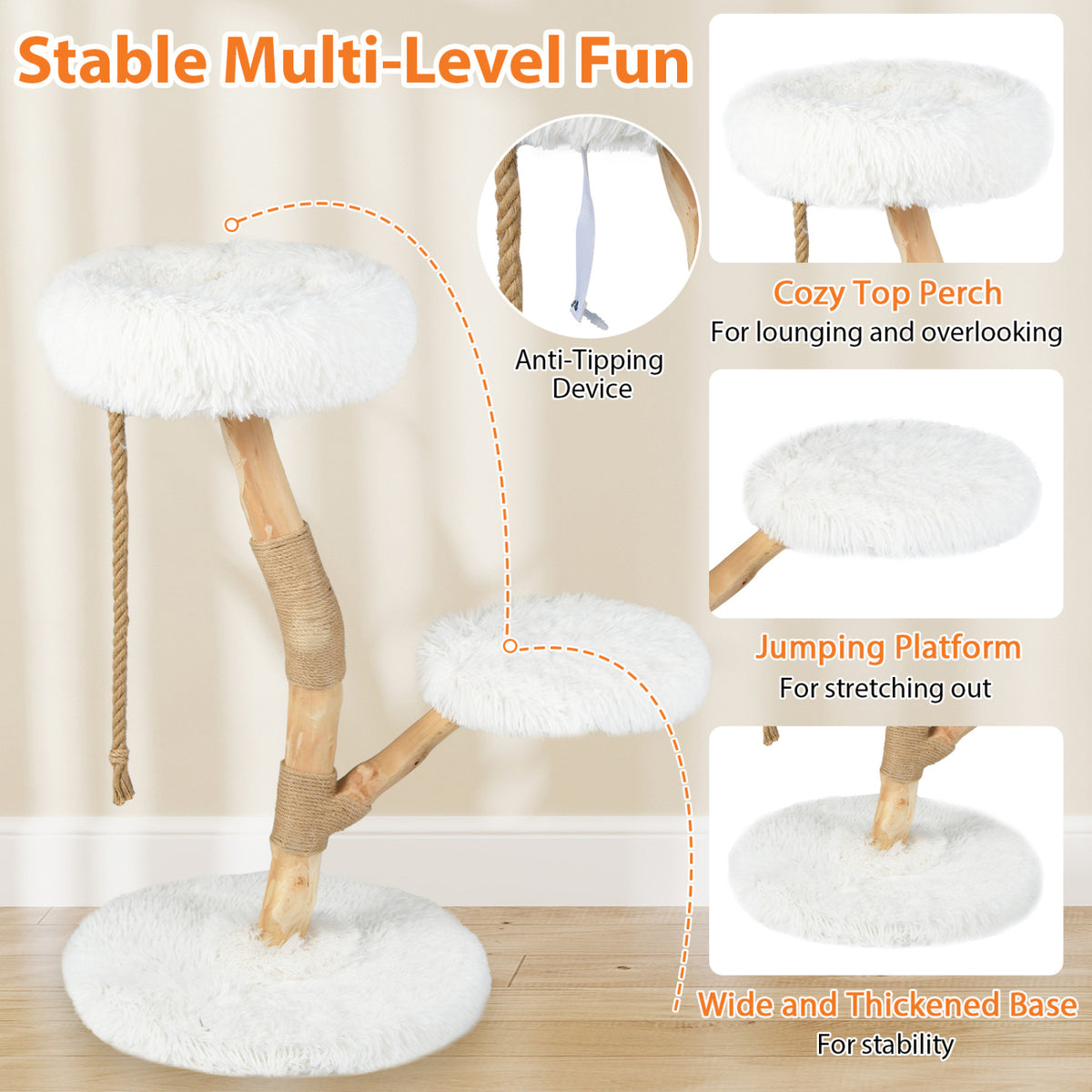 Modern Wooden Cat Tree Tower with Perch and Natural Jute Scratching Posts-White