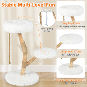 Modern Wooden Cat Tree Tower with Perch and Natural Jute Scratching Posts-White