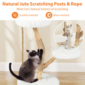 Modern Wooden Cat Tree Tower with Perch and Natural Jute Scratching Posts-White