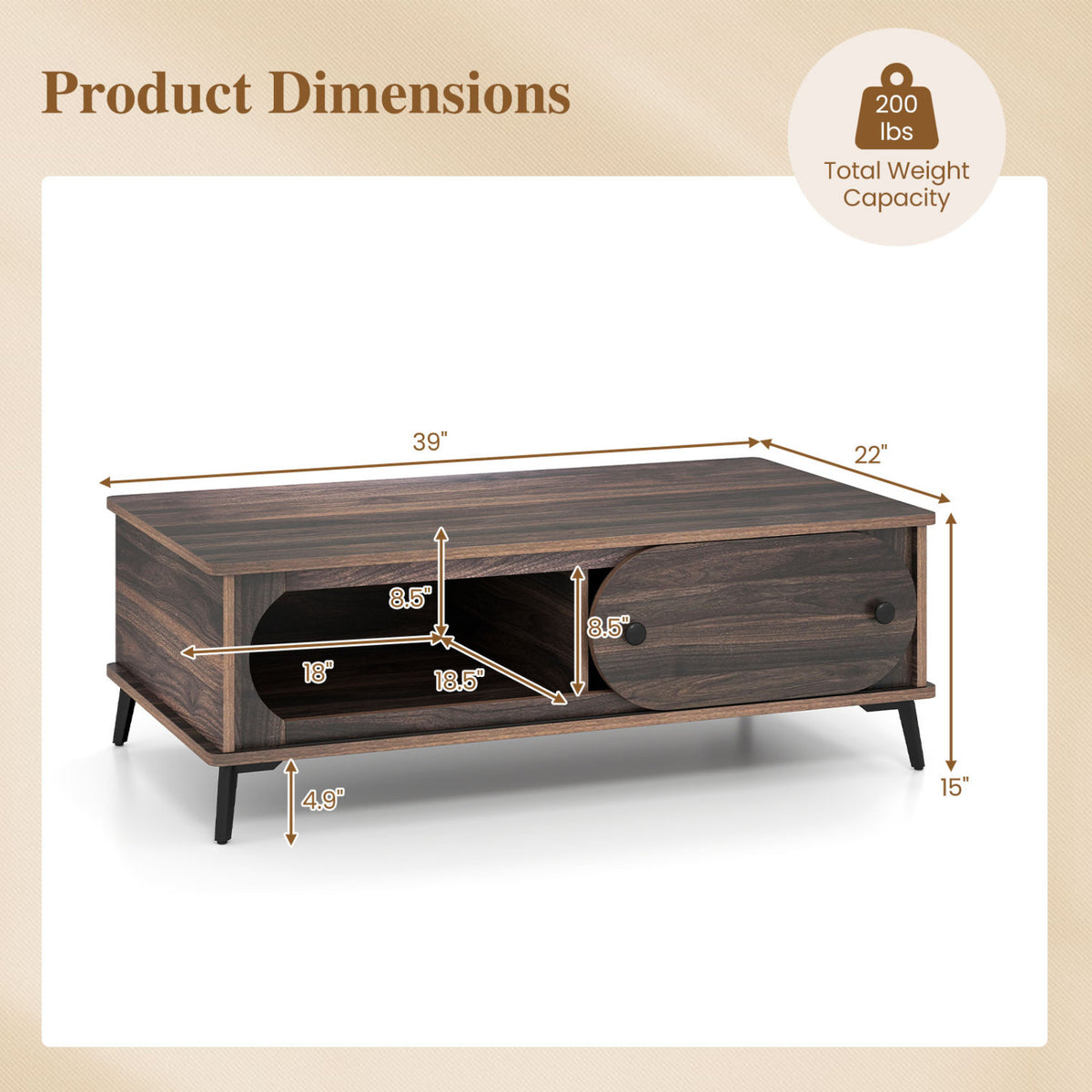 Modern Wooden Center Table with 2 Compartments and Sturdy Metal Legs for Living Room-Walnut