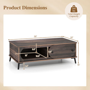 Modern Wooden Center Table with 2 Compartments and Sturdy Metal Legs for Living Room-Walnut