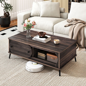 Modern Wooden Center Table with 2 Compartments and Sturdy Metal Legs for Living Room-Walnut