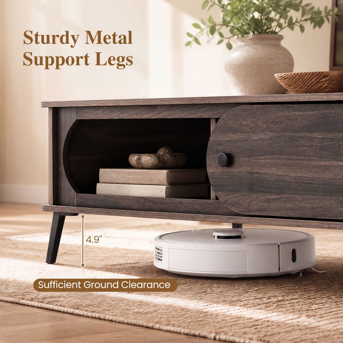Modern Wooden Center Table with 2 Compartments and Sturdy Metal Legs for Living Room-Walnut
