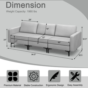 3-Seat Sectional Sofa Couch with Armrest Magazine Pocket and Metal Leg-Light Gray