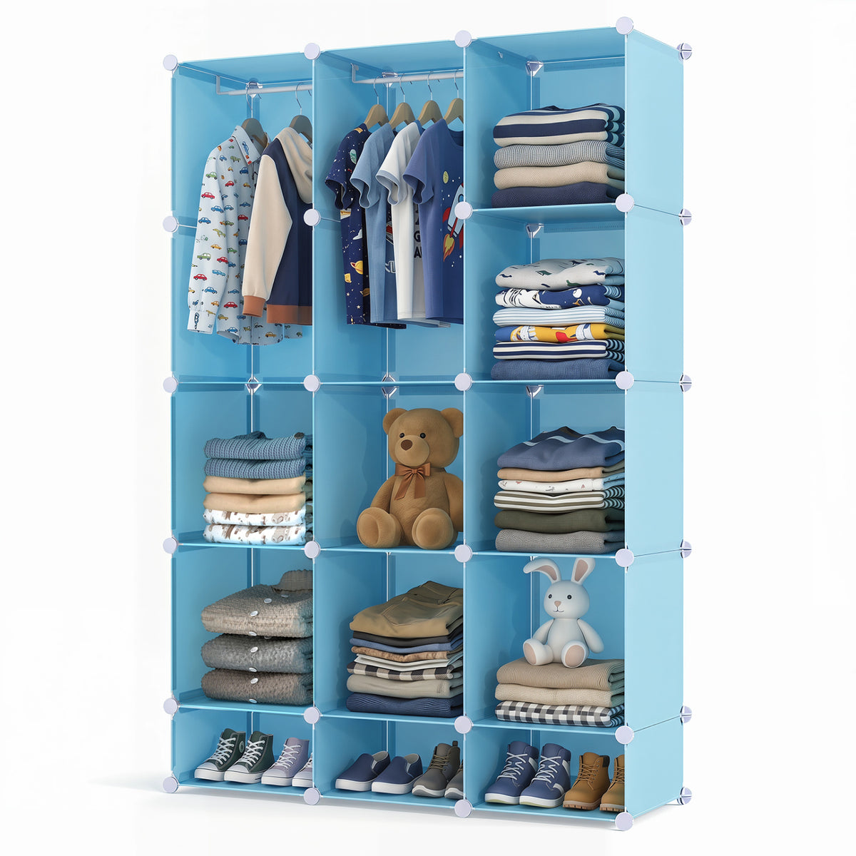 Modular Baby Wardrobe with 13 Cubes and Hanging Rod and Shelves Stackable-Blue
