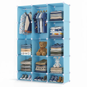 Modular Baby Wardrobe with 13 Cubes and Hanging Rod and Shelves Stackable-Blue