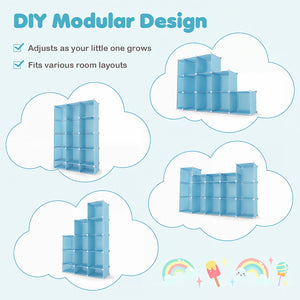 Modular Baby Wardrobe with 13 Cubes and Hanging Rod and Shelves Stackable-Blue